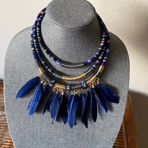 NEW 3 Strand Feathers & Baubles Layer Choker Necklace